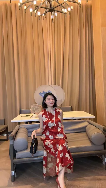 TANTAN  铜氨丝红色气质印花无袖连衣裙1873