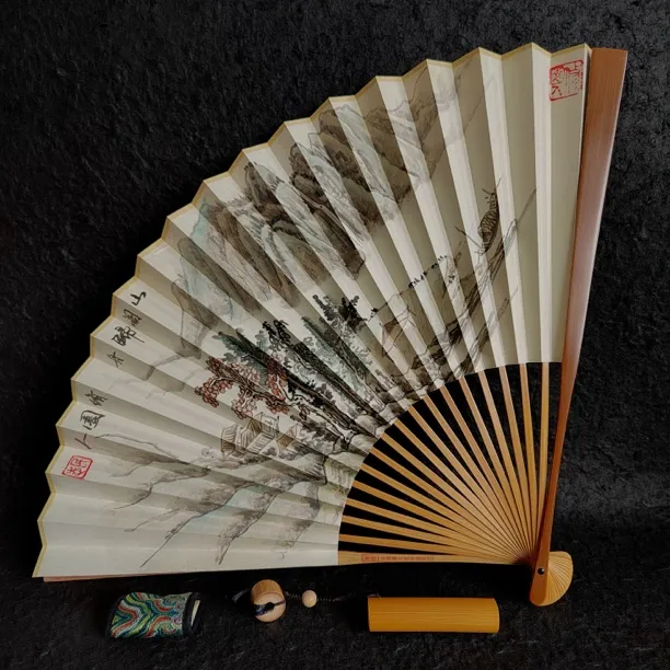 孤品珍藏老玉竹鱼尾头折扇山水图扇面9.5寸2.0排口18方竹师傅品牌