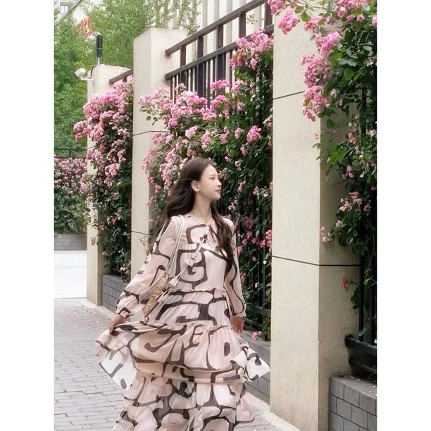 GIRDEAR/哥弟新款温柔风宽松系带两件套印花连衣裙夏日1500540