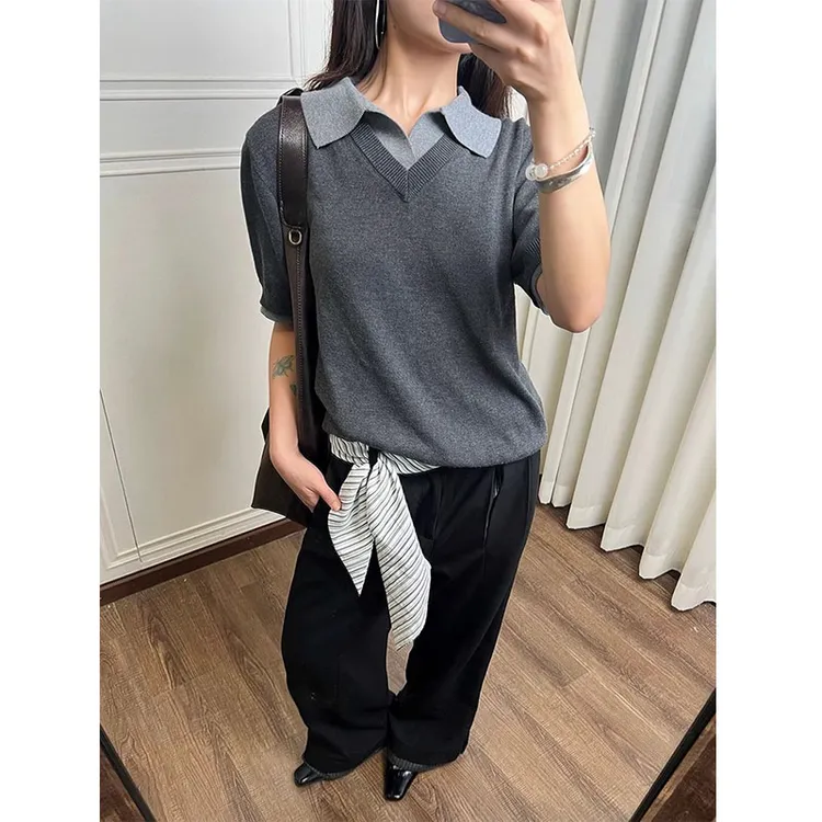美式针织短袖polo衫男夏季小众假两件v领正肩t恤cleanfit翻领半袖