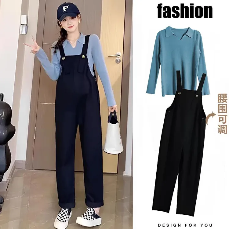 纯棉孕妇背带裤春秋季时尚宽松直筒休闲裤针织打底衫两件套装女