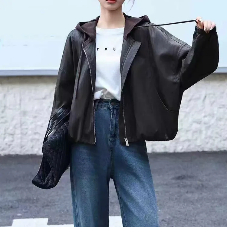 连帽街头风极简风宽松型皮衣加绒加厚2025冬季新款百搭上衣女装