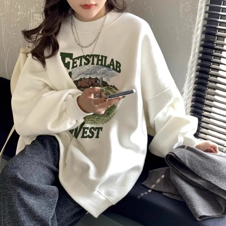 胖mm300斤大码冬季卫衣女复古chic加绒加厚无帽小众ins潮休闲上衣