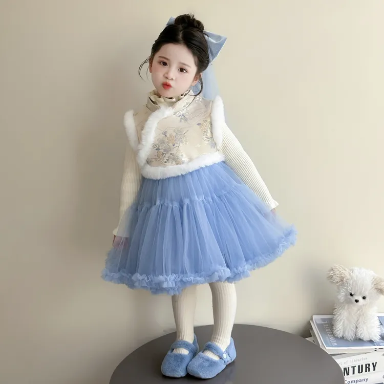 女童连衣裙套装加绒加厚冬装洋气儿童冬季汉服女宝公主裙两件套