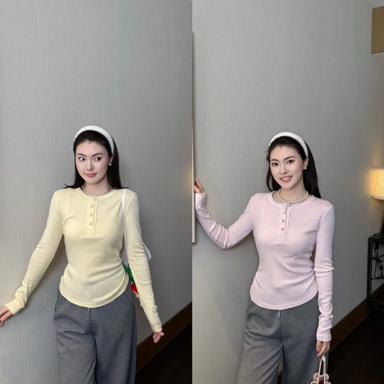 ARMS WELL王囡囡 粉/黄亚麻纽扣仙女风洋气出游长袖T恤 S302