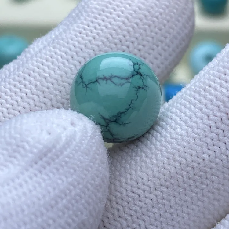 纯天然原矿绿松石瓷釉级水草纹精品圆珠老型配饰12.3mm