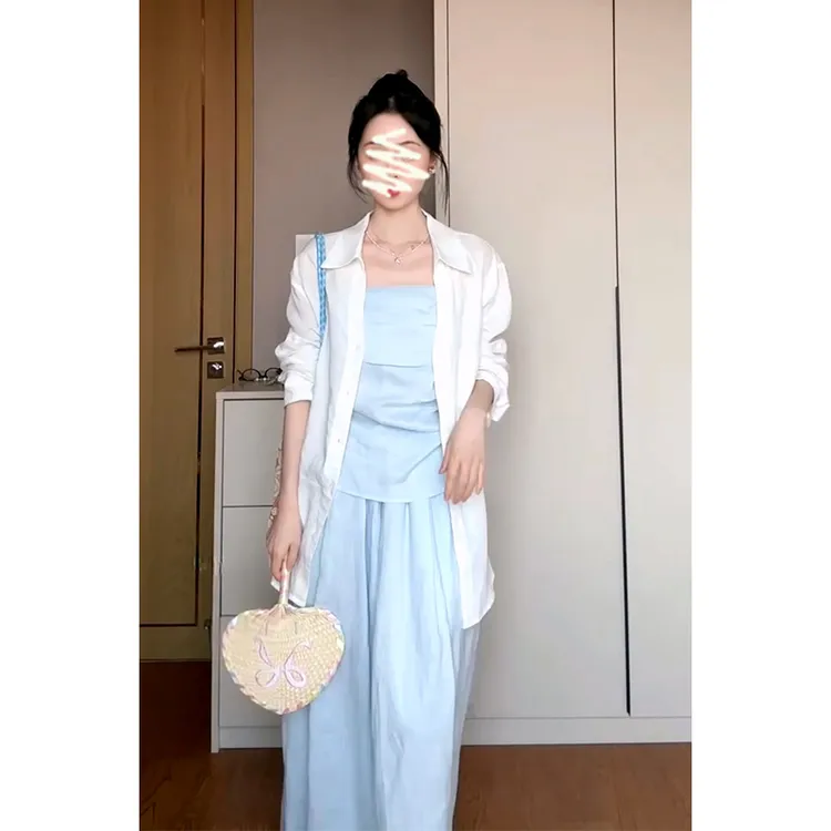 A1318#新款女韩系气质宽松翻领衬衫修身抹胸上衣高腰显瘦半身裙