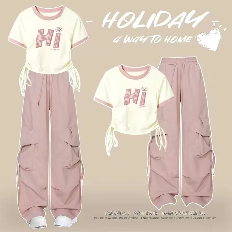 女童2025新款夏装中大童套装时尚设计感T恤少女高腰工装裤两件套