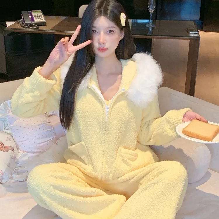 轻奢带毛绒秋冬可爱软绵绵睡衣女套装连帽家居服休闲可外穿三件套