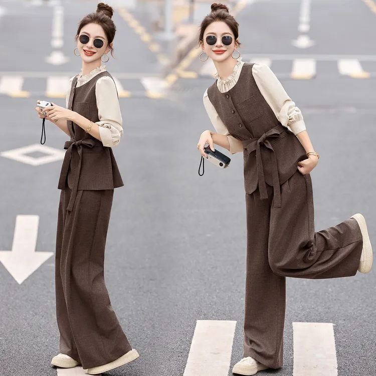 休闲气质显瘦时尚套装女2025秋季新款长袖衬衣马甲高腰阔腿三件套