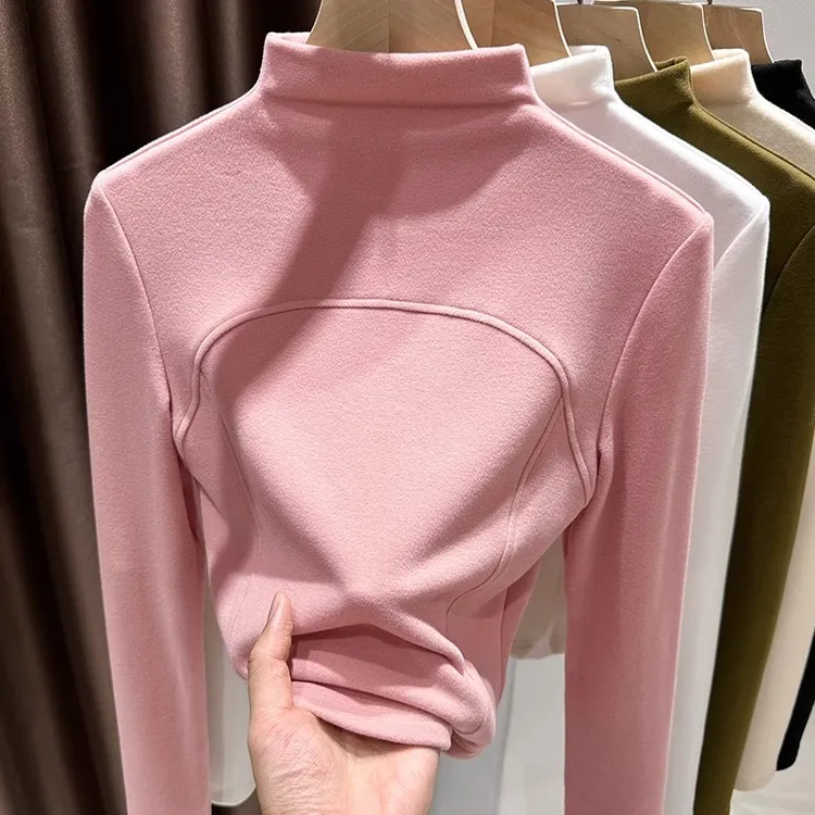 半高领白色加厚徳绒打底衫女秋冬季新款修身内搭长袖恤上衣双面