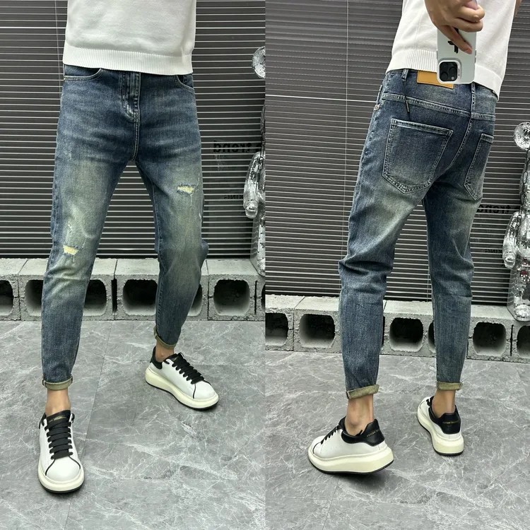 轻奢百搭弹力锥形小脚男士牛仔裤休闲修身显瘦时尚蓝色破洞夏季潮