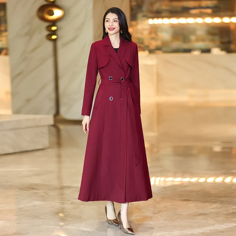 春秋长款风衣修身女装外套过膝收腰显瘦酒红色洋气女风衣气质时尚