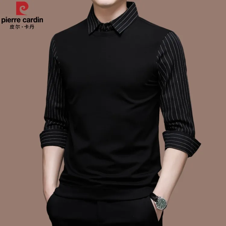 【国际品牌皮尔卡丹】高档男士长袖衬衫春秋时尚休闲假两件条纹衬衣