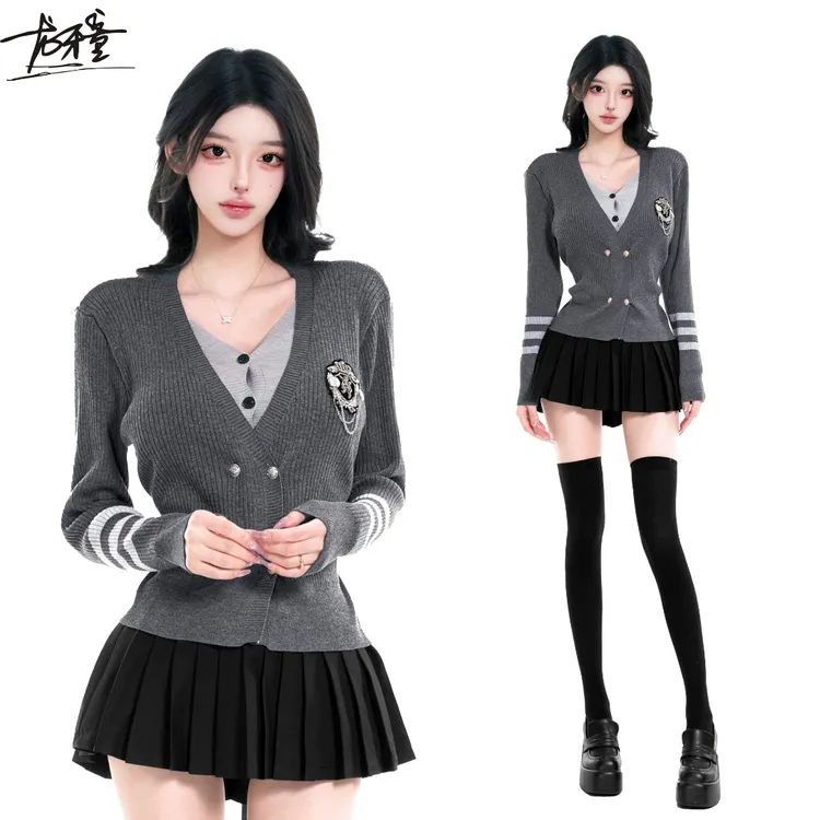龙牙童推荐【学院假两件】韩版春秋冬季长袖t恤针织上衣绑带收腰