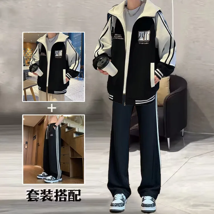 大码300斤潮男新款套装连帽夹克外套印花潮流休闲裤子春秋冬学生