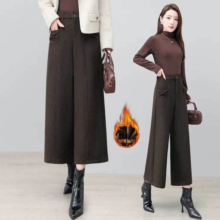 醋酸羊毛呢八分阔腿裤女秋冬2025新款高腰宽松加绒加厚直筒休闲裤