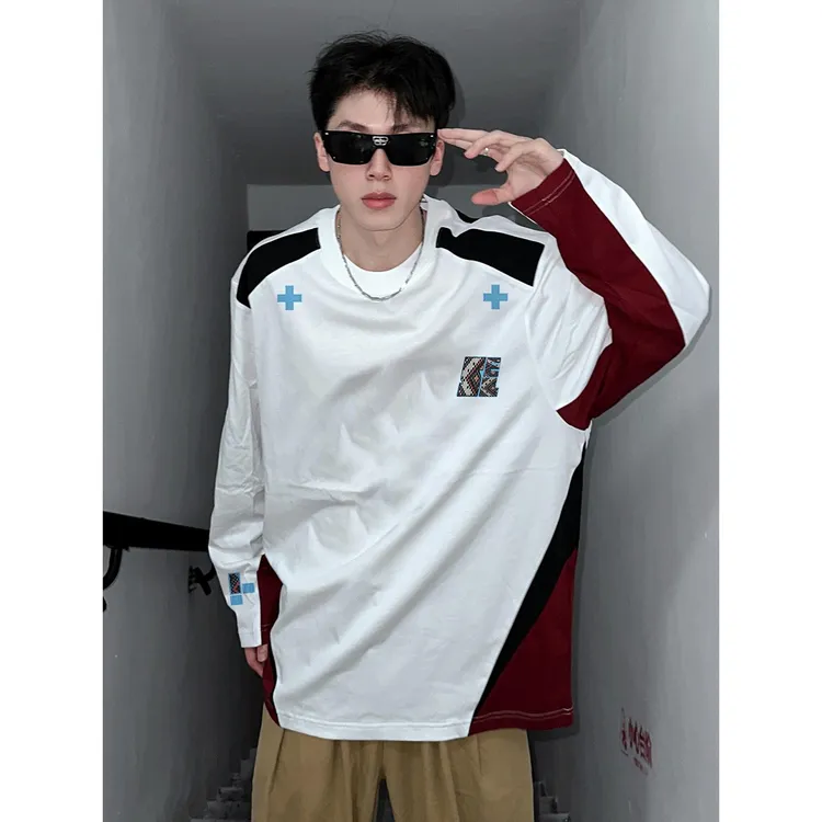 美式高街潮牌趣味小众字母圆领拼接长袖T恤男款秋季纯棉重磅上衣