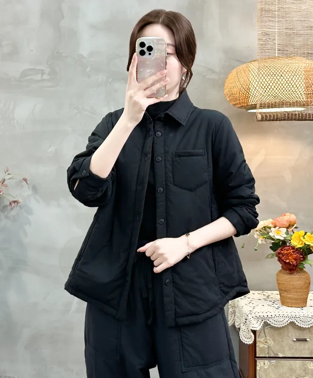 【阅初】2025新款韩版POLO领长袖宽松型棉衣棉服宽松外套立领黑色