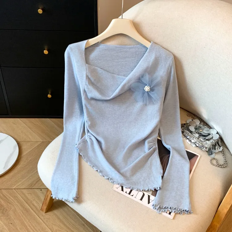 法式气质木耳边立体花朵荡领2025秋季新品时尚修身显瘦毛针织衫女