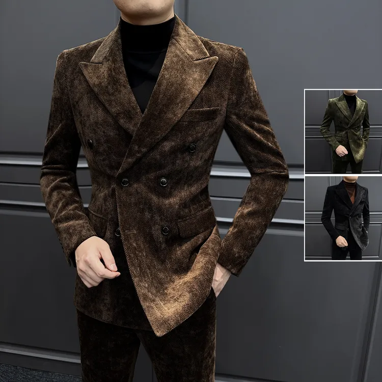 雪尼尔戗驳领休闲西装外套男款爆款2025新款痞帅轻奢男士西服套装