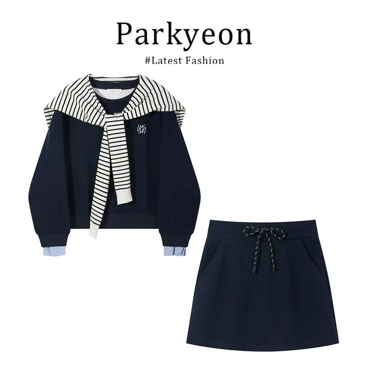 parkyeon藏青色刺绣卫衣半身裙套装女2025新款早秋学院风两件套