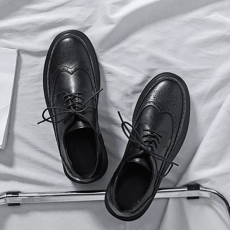黑色百搭皮鞋男休闲鞋春季款布洛克雕花厚底英伦风商务正装大头鞋