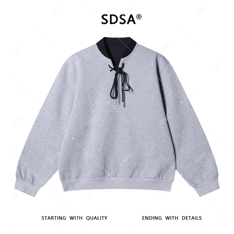 SDSA男士秋冬新款轻奢痞帅男装韩版拼色鸡眼抽绳V领套头卫衣百搭