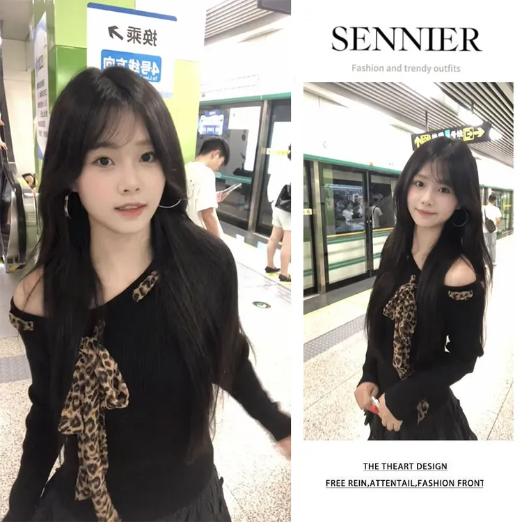 韩系穿搭2025早秋新款设计感系带修身斜肩长袖上衣显瘦短裙两件套