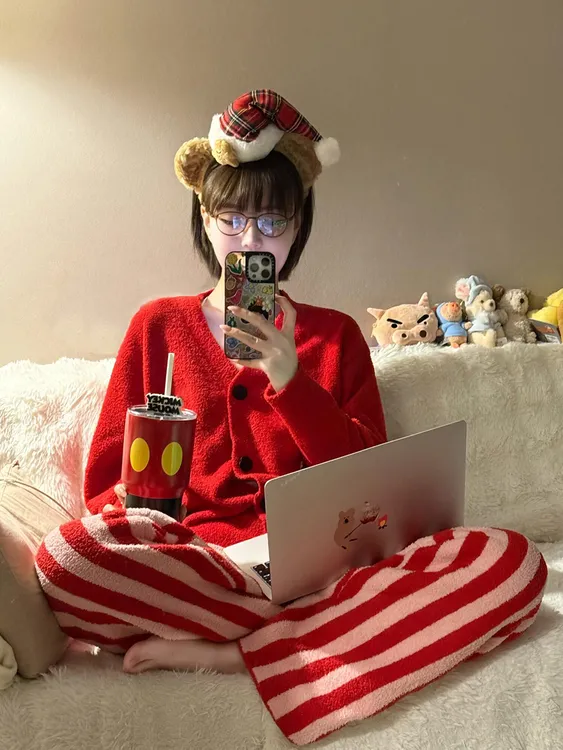 大码喜庆红色卡通酷猫针织半边绒睡衣女秋冬季加厚保暖家居服套装