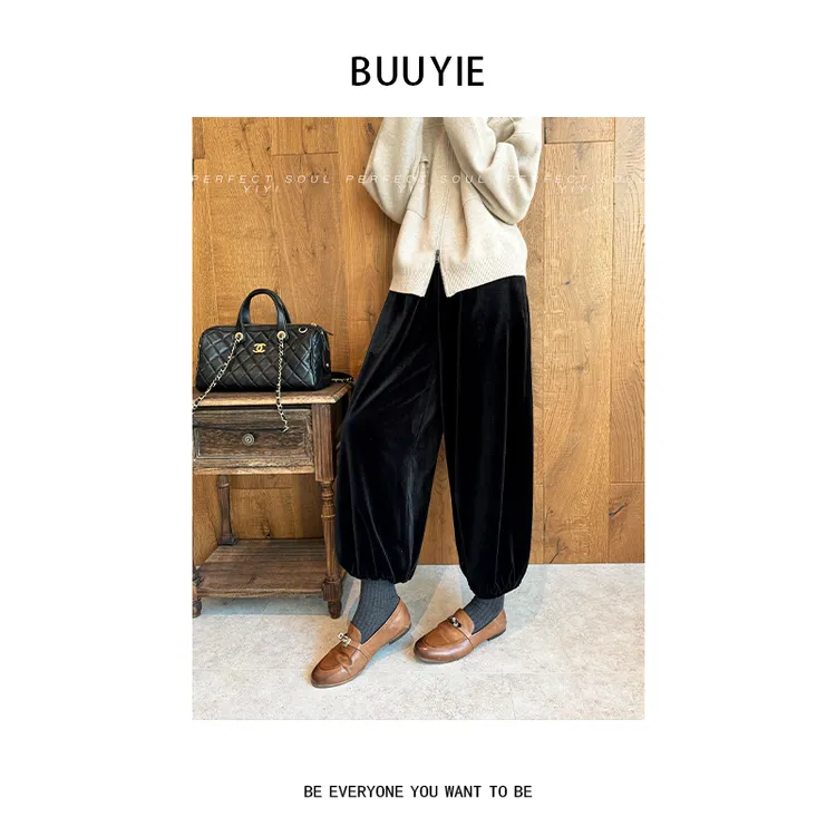 BUUYIE【软素】秋冬松弛感丝绒时尚百搭宽松阔腿休闲长裤子251208
