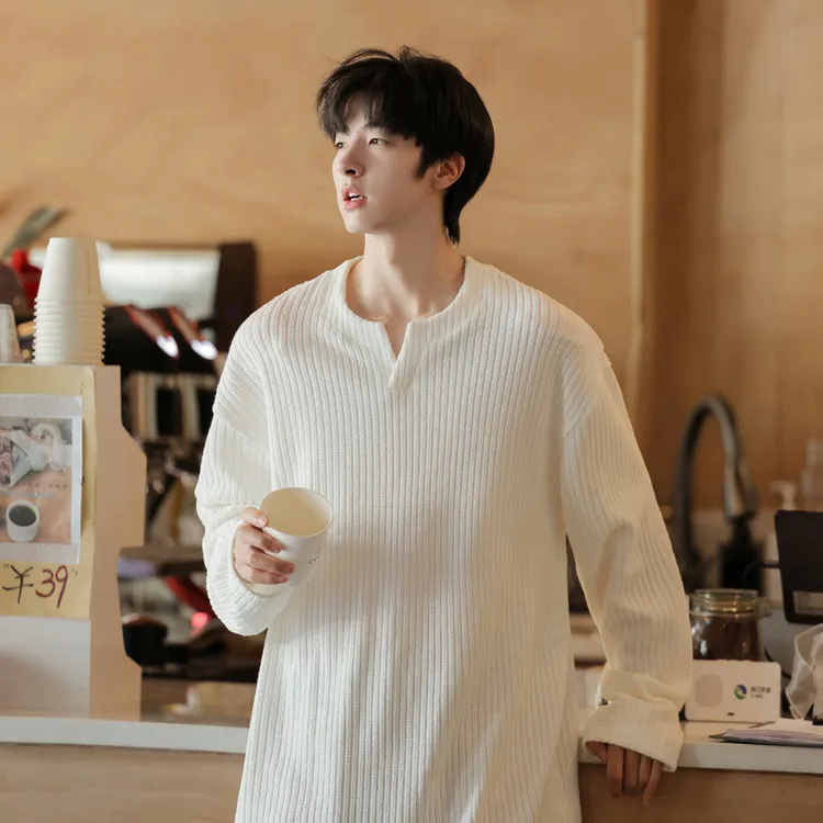 肌理感小v领长袖t恤男士2025春秋季新款美式宽松慵懒风内搭打底衫