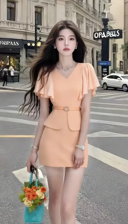 夏季新款橘色V领收腰显瘦上衣+百搭显瘦包臀半身裙女时尚两件套
