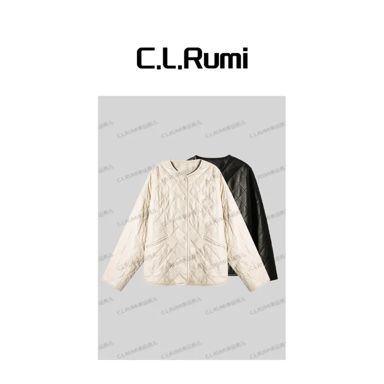 【Rumi精选】“白晓荷”25宽松轻奢经典圆领菱格棉羊皮棉外套7244wt