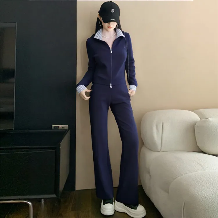 假两件拼接微弹时尚休闲套装女2026春秋新款减龄显瘦阔腿裤两件套