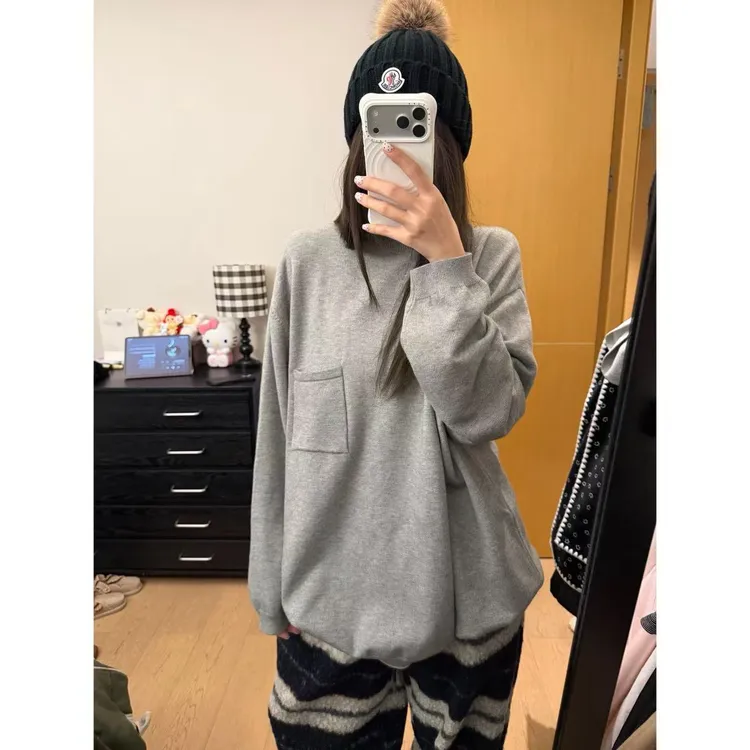 【陈碗饭】毛衣口袋纯色小众秋冬款圆领宽松保暖打底毛针织长袖193