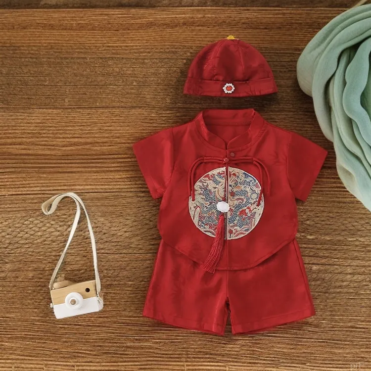 喜庆短袖周岁男童宝宝服装夏季新款礼服洋气婴儿套装一岁汉服抓周