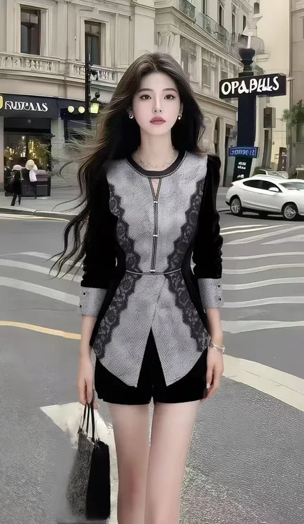 秋季气质时尚氛围感蕾丝常规款设计感长袖修身外套+黑色百搭短裤