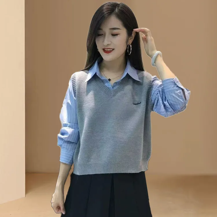 polo领字母条纹针织衫女2025年春秋季新款胖mm遮肉显瘦套头上衣潮