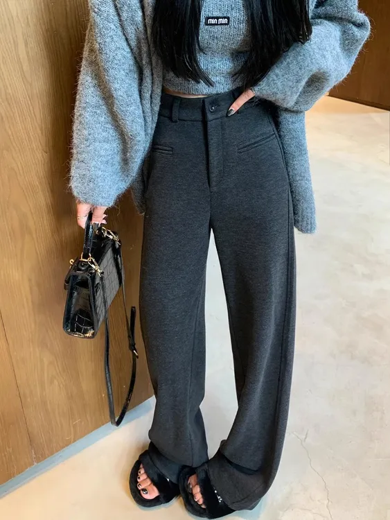 高级感灰色毛呢西装裤女秋冬加绒高腰垂感休闲百搭宽松显瘦阔腿裤