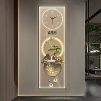 迎客松九鱼万年历电子钟表挂钟客厅玄关装饰画过道挂墙时钟