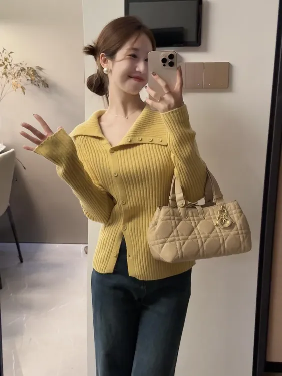 首尔初秋气质高级感不规则翻领设计秋季毛衣针织衫 