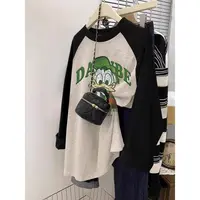 春秋胖mm2-300斤纯棉长袖T恤女拼色打底衫薄款插肩袖宽松大码上衣
