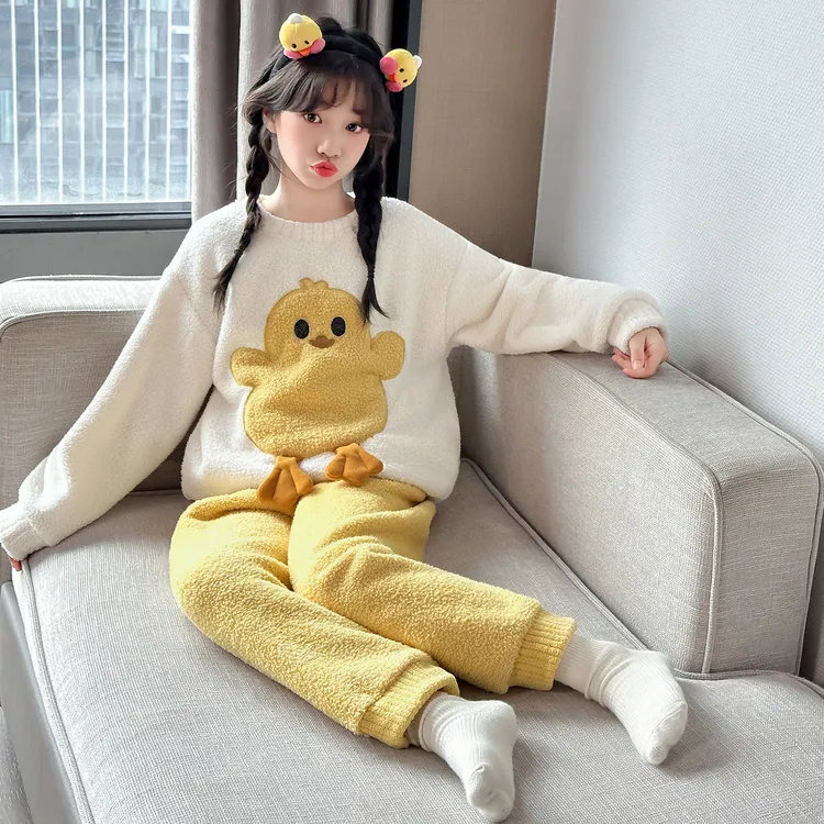 儿童睡衣秋冬款珊瑚绒6-12可爱超萌加绒加厚女童家居服法兰绒套装
