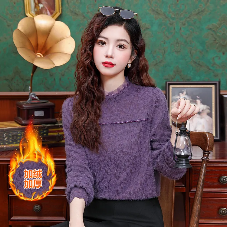 法式紫色磨毛蕾丝上衣秋冬新款加绒打底衫女气质保暖内搭外穿小衫