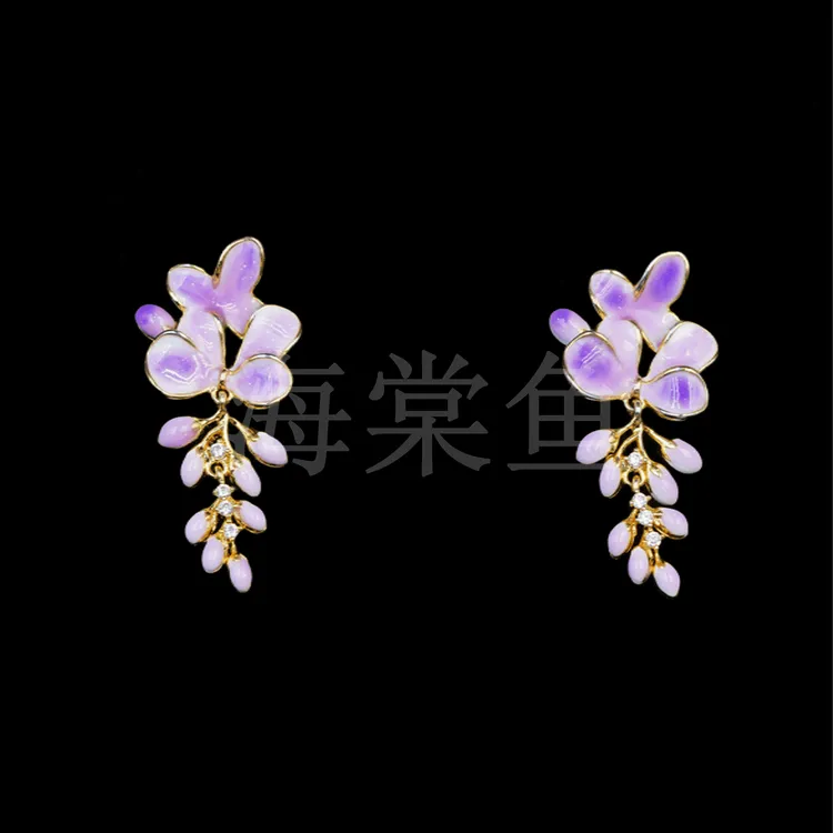 铜合金珐琅耳饰 时尚气质百搭高定设计师珐琅【紫藤花】耳钉6322