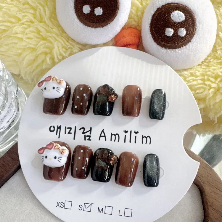 新款秋冬纯手工高级琥珀豹纹蝴蝶结猫眼显白手工可爱穿戴短款美甲