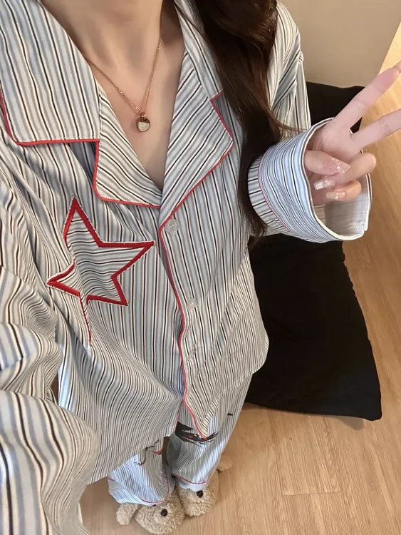 春秋新款复古条纹星星刺绣大码睡衣女韩系撞色花边舒适休闲两件套