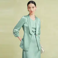 【晨粉专享价】早秋季高级通勤青果领浅绿缎面气质西装外套女