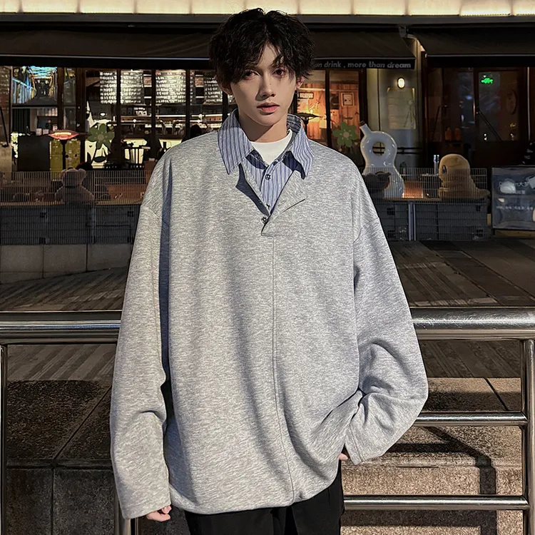 美式设计感假两件卫衣男士秋季高街大码潮牌衬衫领休闲长袖POLO衫